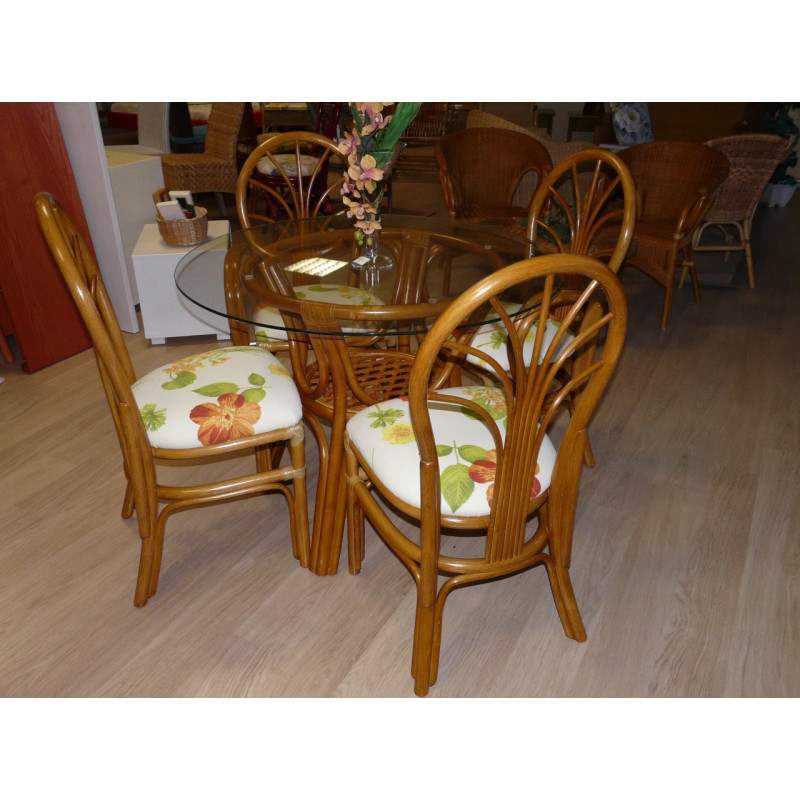 Table Daisy en rotin dessus verre