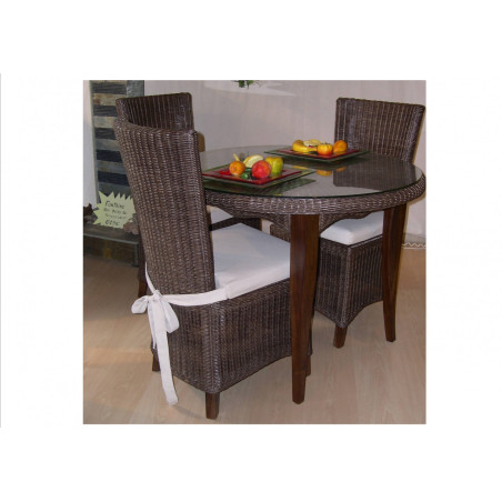 Chaise en moelle de rotin tissée et pied bois avec coussins toile écrue - Rotin création