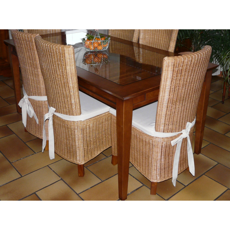 Chaise en moelle de rotin tissée et pied bois avec coussins toile écrue - Rotin création